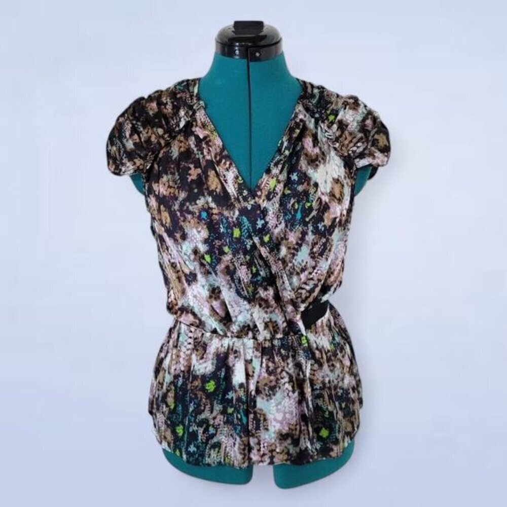 Teenflo Purple Abstract Silk Wrap Blouse with Button Snap Enclosure - Size 6